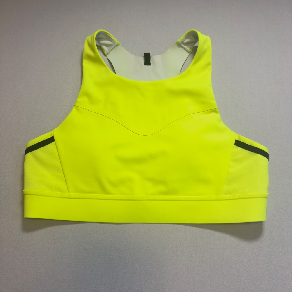 Brooks Neon Yellow High Neck Racerback Sports Bra 34A/B 350080 F21 Workout Gym - Picture 2 of 7